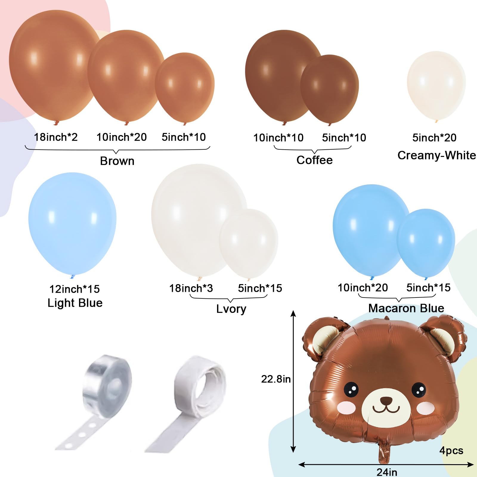 Whaline Blue Brown Balloon Garland Arch Kit 163Pcs Round Latex Bear Foil Balloons with Balloon Chain and Ribbon Set for Boys Girls Baby Shower Birthday Wedding Teddy Bear Boho Theme Party Decorations