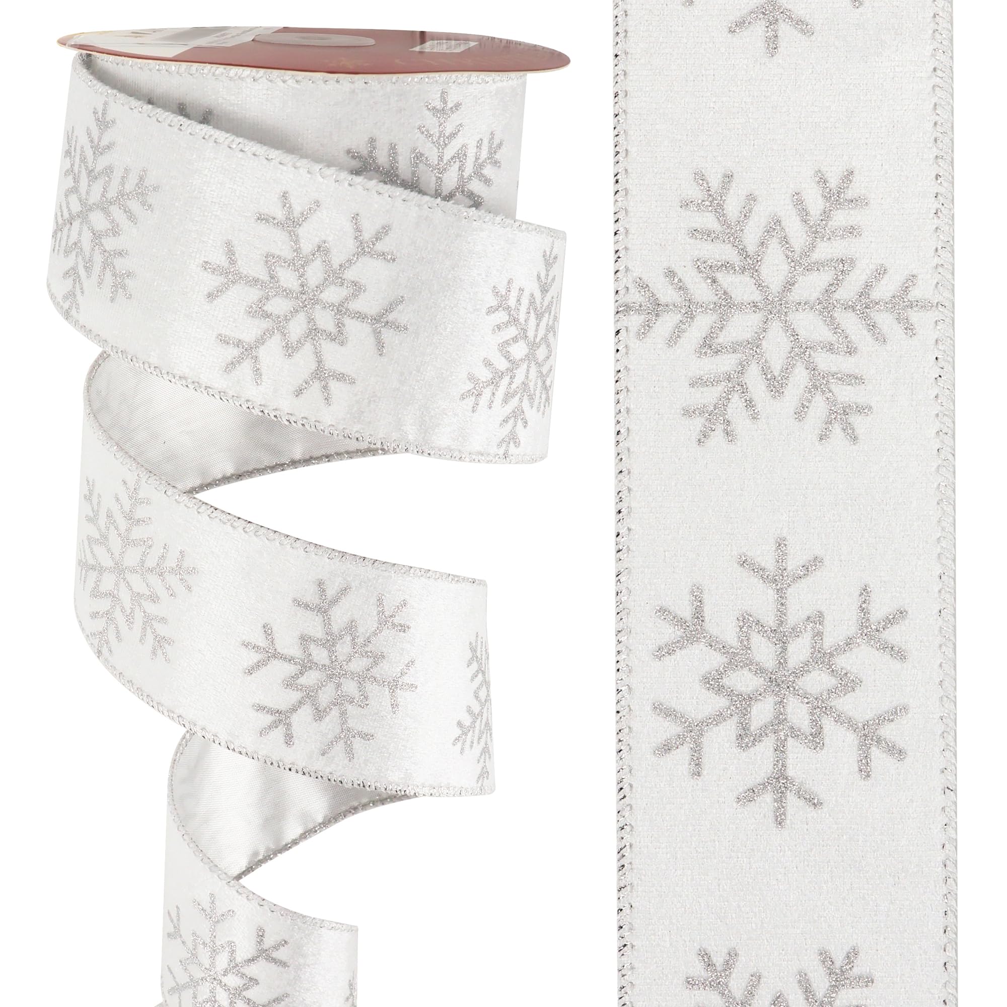 AIMUDI White Christmas Velvet Ribbon Wired 2.5 Inch Silver Glitter Snowflake Wired Ribbon for Wreaths White Ribbon for Christmas Tree, Gift Wrapping, Garland, Holiday Crafts, Topper Bows - 10 Yards