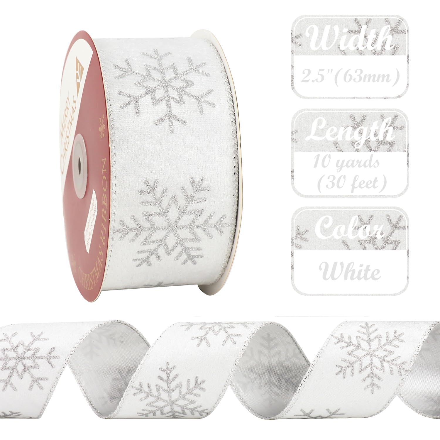 AIMUDI White Christmas Velvet Ribbon Wired 2.5 Inch Silver Glitter Snowflake Wired Ribbon for Wreaths White Ribbon for Christmas Tree, Gift Wrapping, Garland, Holiday Crafts, Topper Bows - 10 Yards