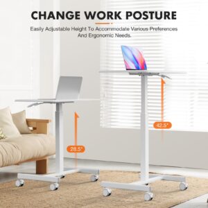 Sweetcrispy Mobile Small Stading Desk - Sit Stand Desk, Portable Rolling Laptop Desk with Lockable Wheels, Computer Workstations, Adjustable Height, White