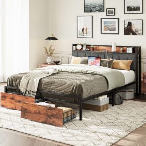 likimio full size bed frame, storage headboard with charging station, platform bed with drawers, no box spring needed, easy assembly, vintage brown and gray