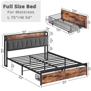 LIKIMIO Full Size Bed Frame, Storage Headboard with Charging Station, Platform Bed with Drawers, No Box Spring Needed, Easy Assembly, Vintage Brown and Gray