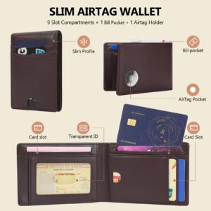 LAKIPETN AirTag Wallet Mens Slim Leather Bifold with Money Pocket RFID Blocking 8 Credit Card Slots | Bill Divider | ID Window | Wallets Holder Compatible with Apple Air Tag, with Gift Box