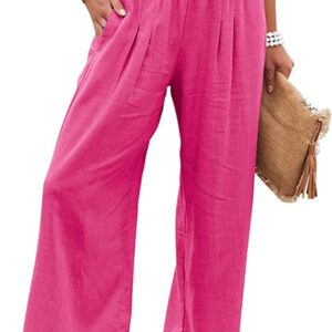 Vansha Women Summer High Waisted Cotton Linen Palazzo Pants Wide Leg Long Lounge Pant Trousers with Pocket Hot Pink M