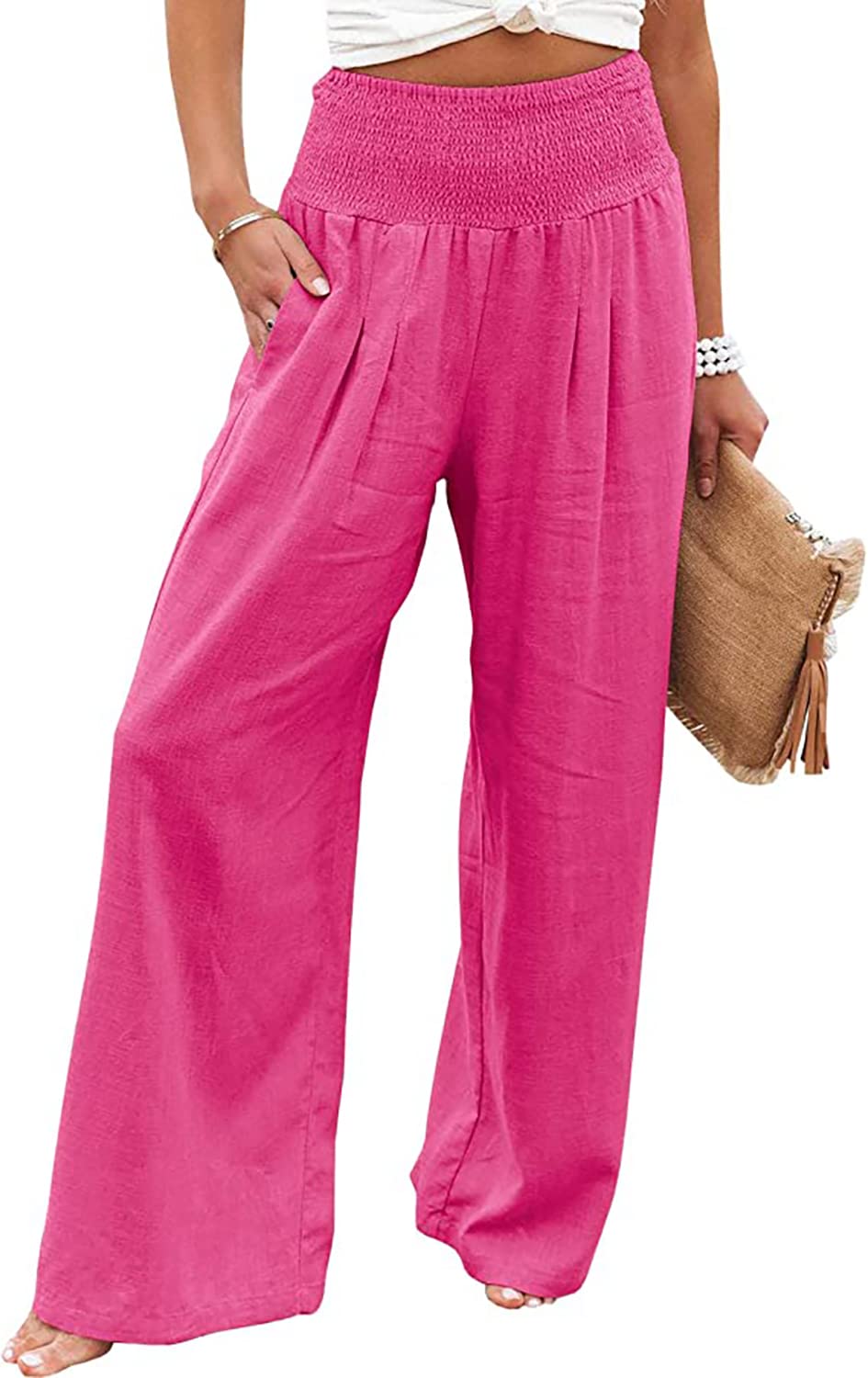 Vansha Women Summer High Waisted Cotton Linen Palazzo Pants Wide Leg Long Lounge Pant Trousers with Pocket Hot Pink M