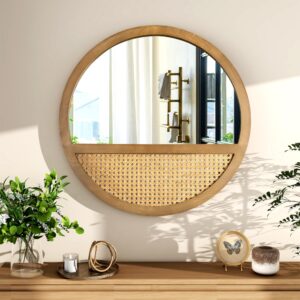 thkshouz rattan round mirror 24 inch wall mirror for living room decor wooden framed mirror vintage hanging mirror hand-woven mirror for wall art decoration