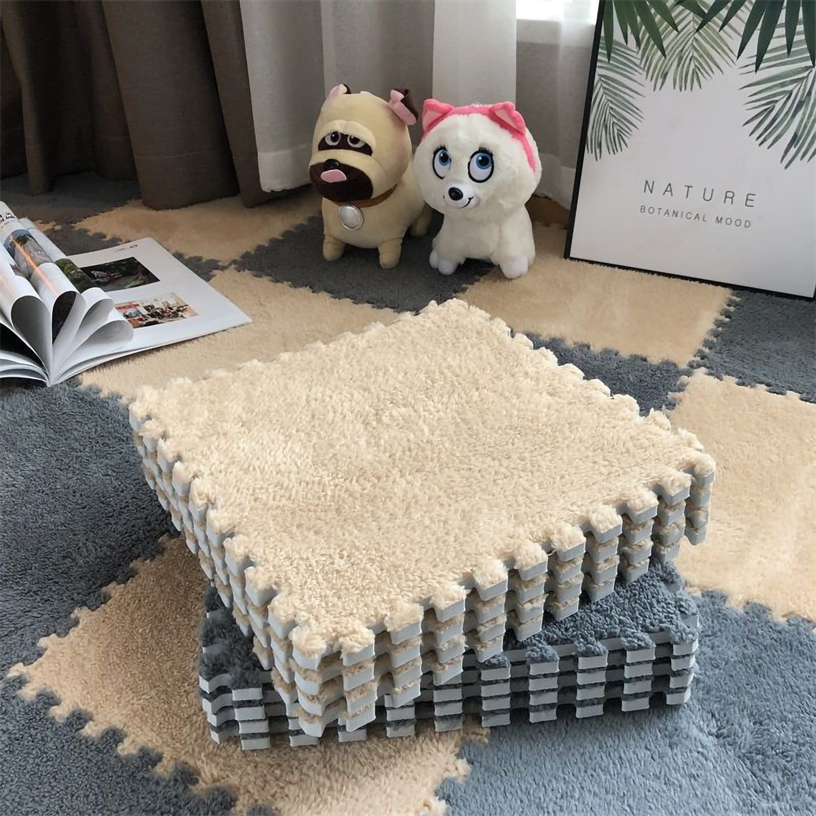 easycustomerlee 12pcs Interlocking Carpet Shaggy Soft EVA Foam Mats Fluffy Rugs Protective Floor Tiles Exercise Play Mats for Children Kids Room Home Parlor Bedroom(Khaki)