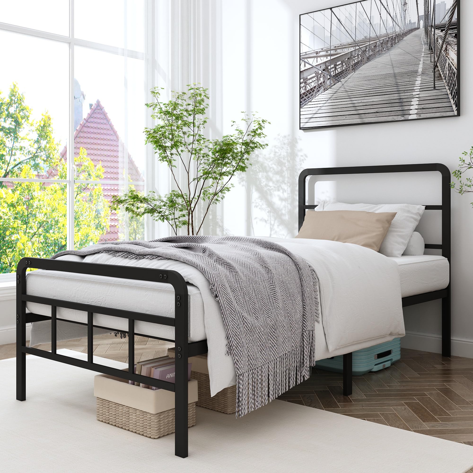 HOBINCHE Twin Size Metal Bed Frame with Headboard and Footboard, 14 Inch Black Heavy Duty Mattress Foundation with Steel Slat Support, No Box Spring Needed, Noise Free