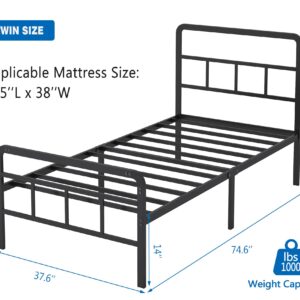 HOBINCHE Twin Size Metal Bed Frame with Headboard and Footboard, 14 Inch Black Heavy Duty Mattress Foundation with Steel Slat Support, No Box Spring Needed, Noise Free