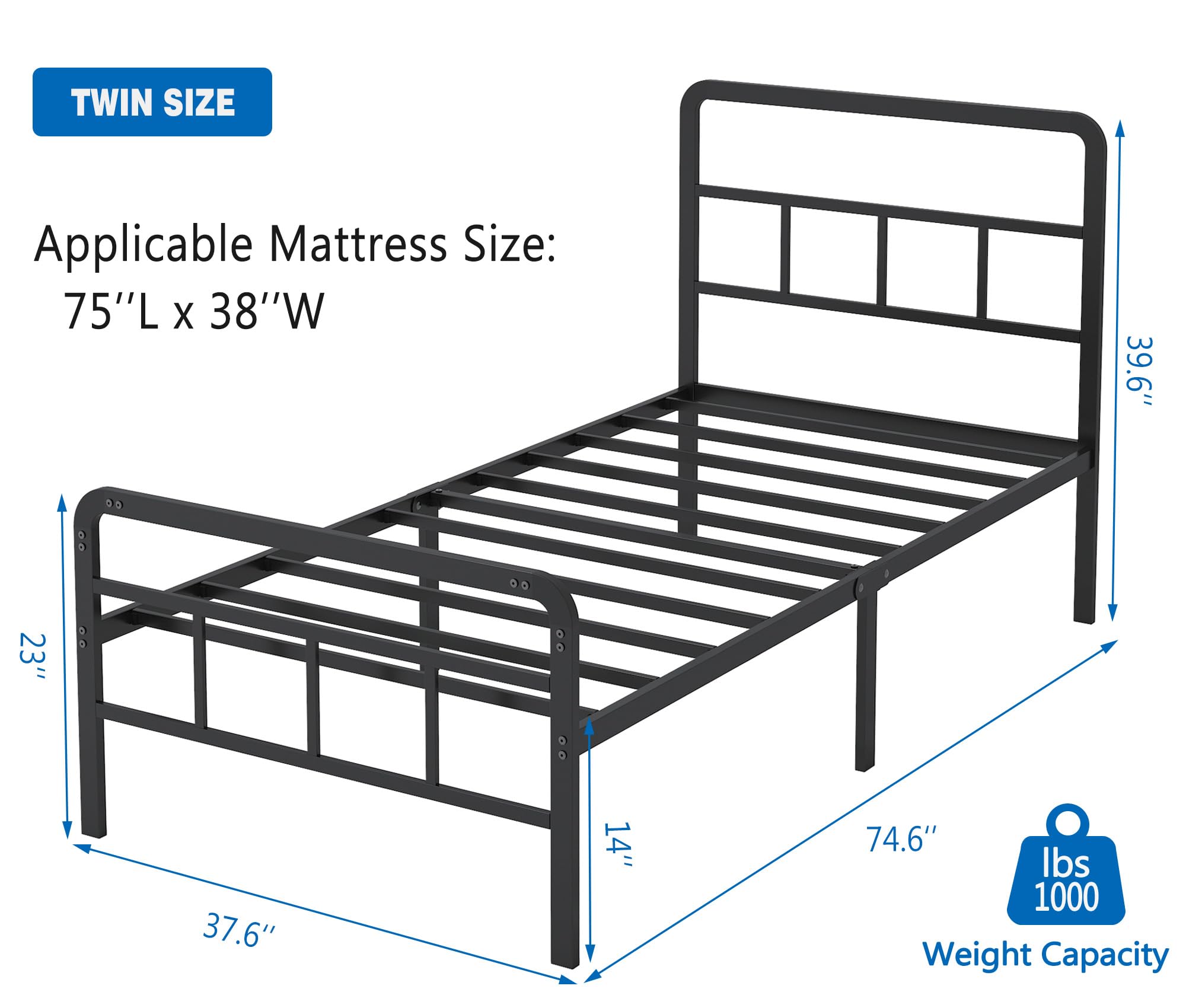 HOBINCHE Twin Size Metal Bed Frame with Headboard and Footboard, 14 Inch Black Heavy Duty Mattress Foundation with Steel Slat Support, No Box Spring Needed, Noise Free