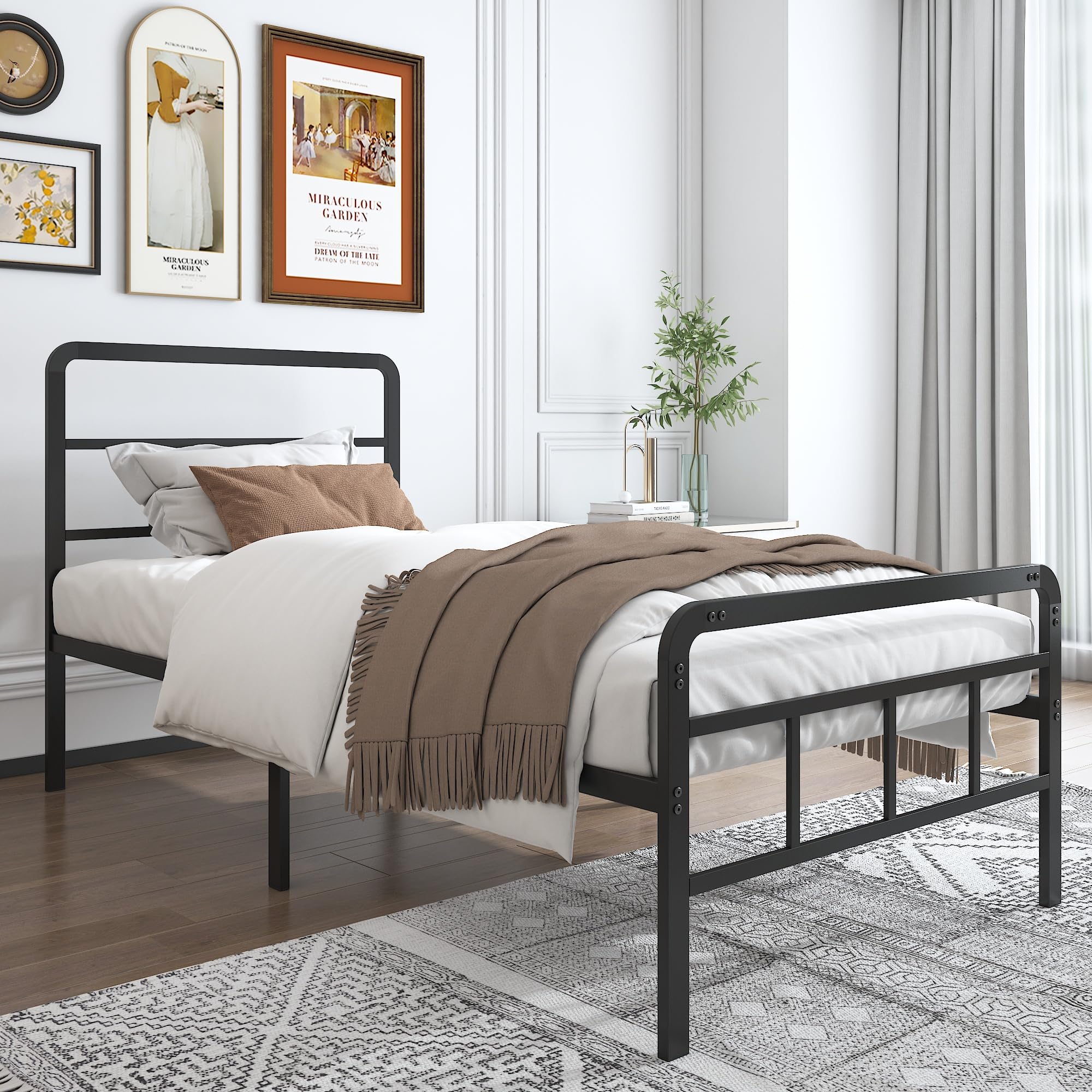 HOBINCHE Twin Size Metal Bed Frame with Headboard and Footboard, 14 Inch Black Heavy Duty Mattress Foundation with Steel Slat Support, No Box Spring Needed, Noise Free