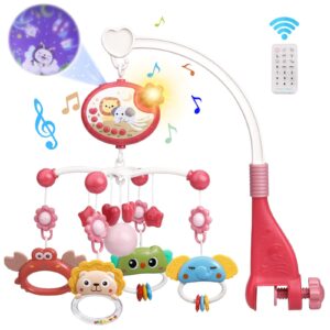 mini tudou baby crib mobile with music and lights,360°rotation remote control musical mobile for crib with 400 lullabies,projection night light and chewable rattle toy,crib mobile for girls and boys