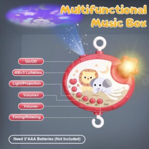 Mini Tudou Baby Crib Mobile with Music and Lights,360°Rotation Remote Control Musical Mobile for Crib with 400 Lullabies,Projection Night Light and Chewable Rattle Toy,Crib Mobile for Girls and Boys