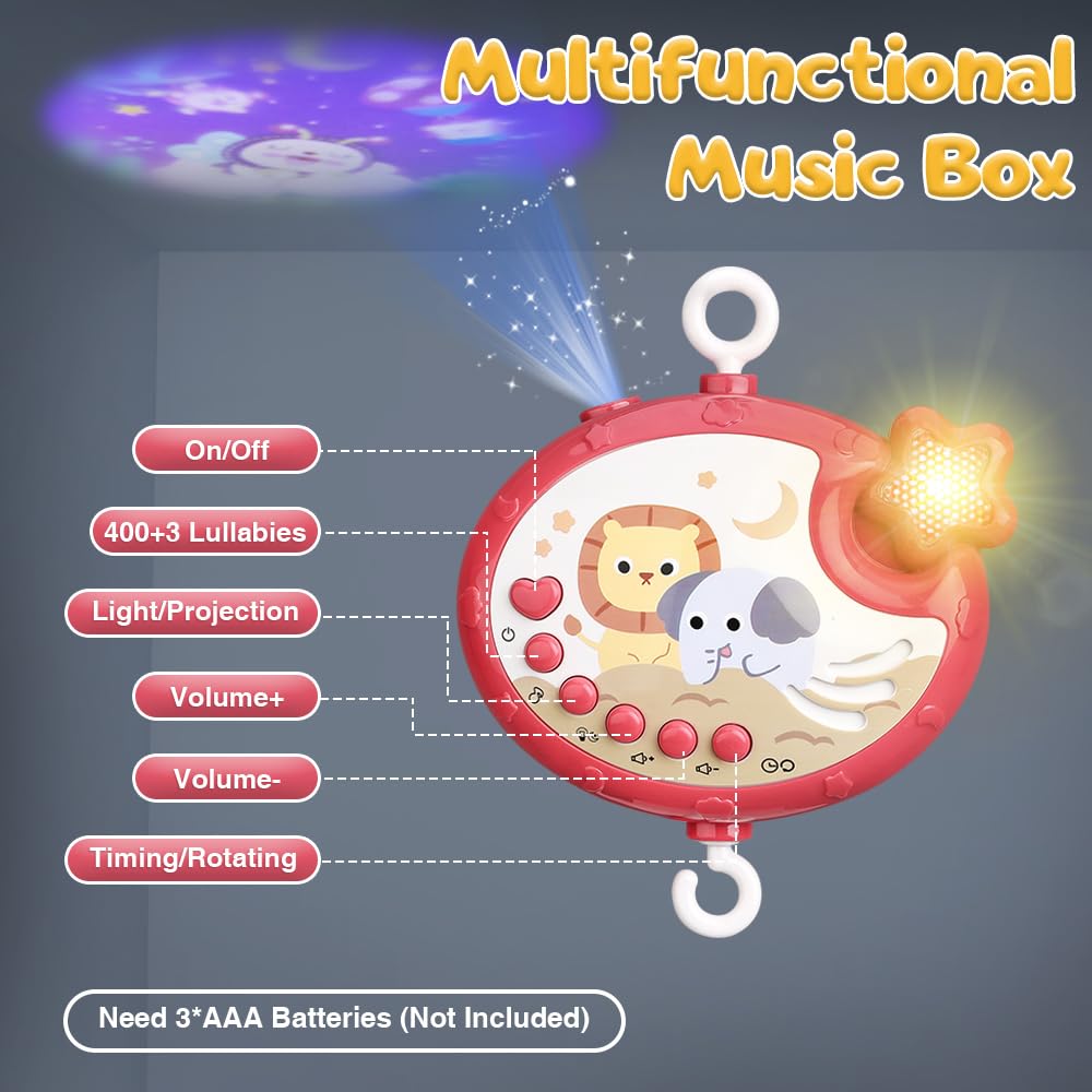 Mini Tudou Baby Crib Mobile with Music and Lights,360°Rotation Remote Control Musical Mobile for Crib with 400 Lullabies,Projection Night Light and Chewable Rattle Toy,Crib Mobile for Girls and Boys