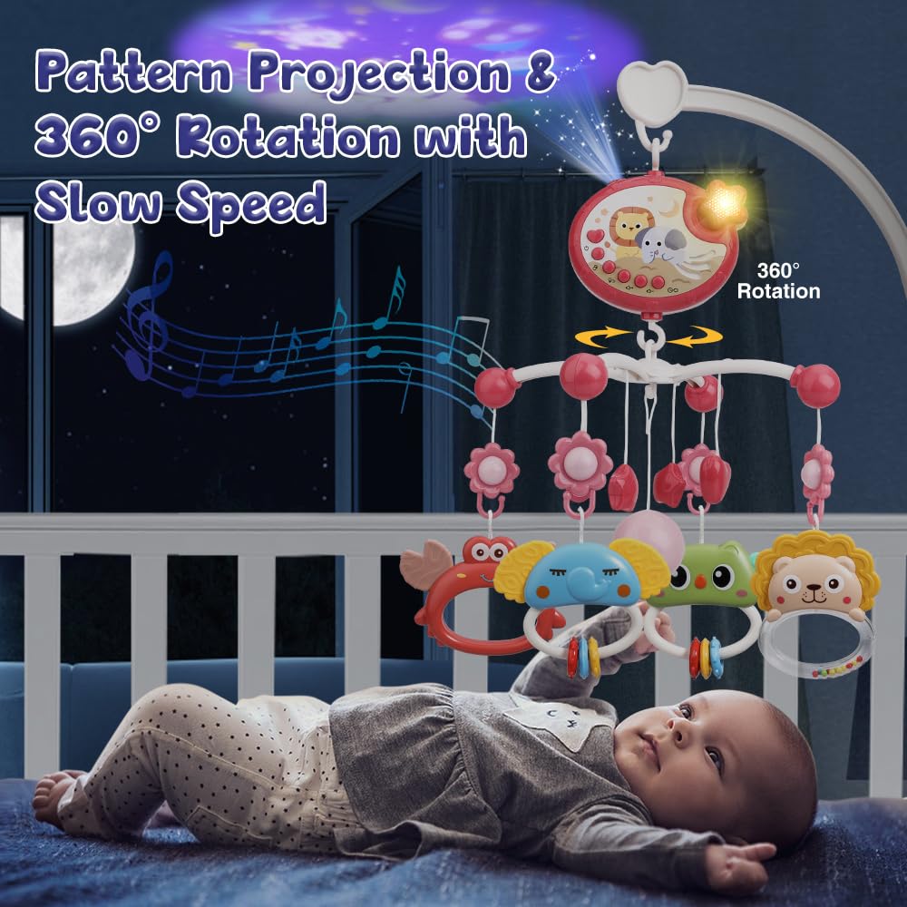 Mini Tudou Baby Crib Mobile with Music and Lights,360°Rotation Remote Control Musical Mobile for Crib with 400 Lullabies,Projection Night Light and Chewable Rattle Toy,Crib Mobile for Girls and Boys