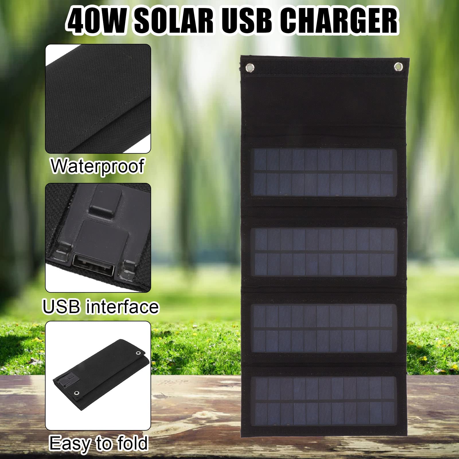 Bank, 40W 4 Fold Solar Panel Charging Bag Folding Bag Foldable Charger for Outdoor Camping Hiking Emergency Charging (Black)