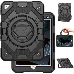 SEYMAC Case for iPad 9th/ 8th/ 7th Generation Case 10.2 Inch 2021/2020/2019, Full-body Shockproof Heavy Duty Protective Case with Screen Protector, Rotating Stand/Handle/Shoulder Strap, Black