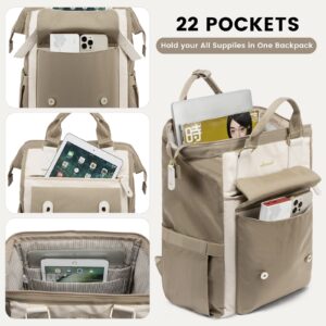 LOVEVOOK Laptop Backpack For Women, Travel Backpack Purse for Women, Nurse Work Bags Teacher Business Laptop Bag, College Backpack, Waterproof Wide Open Computer Back pack, 15.6 Inch, Khaki-Beige