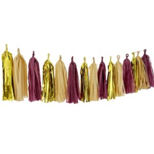 15PCS DIY Tissue Tassel Garland Kit Kraft Burgundy Gold Party Streamers Bunting Banner Backdrop for Wedding Party Bridal Shower Centerpieces Table Decorations