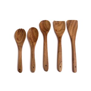 5 Piece Non-Stick Acacia Wooden Cutlery Spoon Set For Cooking, Wood Kitchen Utensils Salad Spoon Fork & Turner, Ladle & Flat Spatula Set, Long Handle Cookware Tools, 12 & 10 Inch, Natural Brown