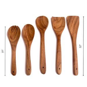 5 Piece Non-Stick Acacia Wooden Cutlery Spoon Set For Cooking, Wood Kitchen Utensils Salad Spoon Fork & Turner, Ladle & Flat Spatula Set, Long Handle Cookware Tools, 12 & 10 Inch, Natural Brown