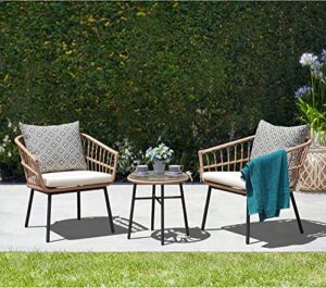 fangflower weather patio bistro set, outdoor furniture tempered coffee table, and wicker chairs for garden, balcony, yard poolside, white