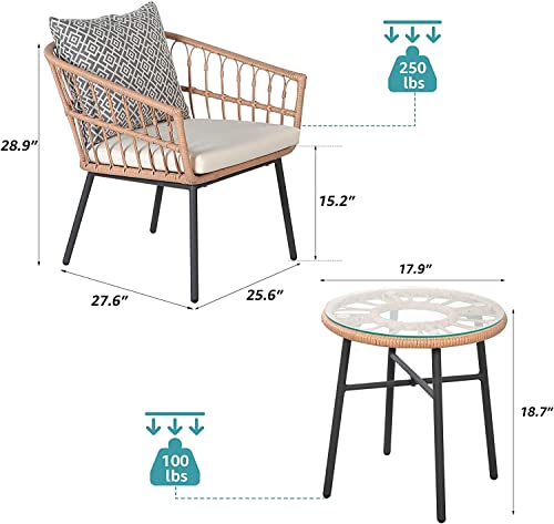 Fangflower Weather Patio Bistro Set, Outdoor Furniture Tempered Coffee Table, and Wicker Chairs for Garden, Balcony, Yard Poolside, White