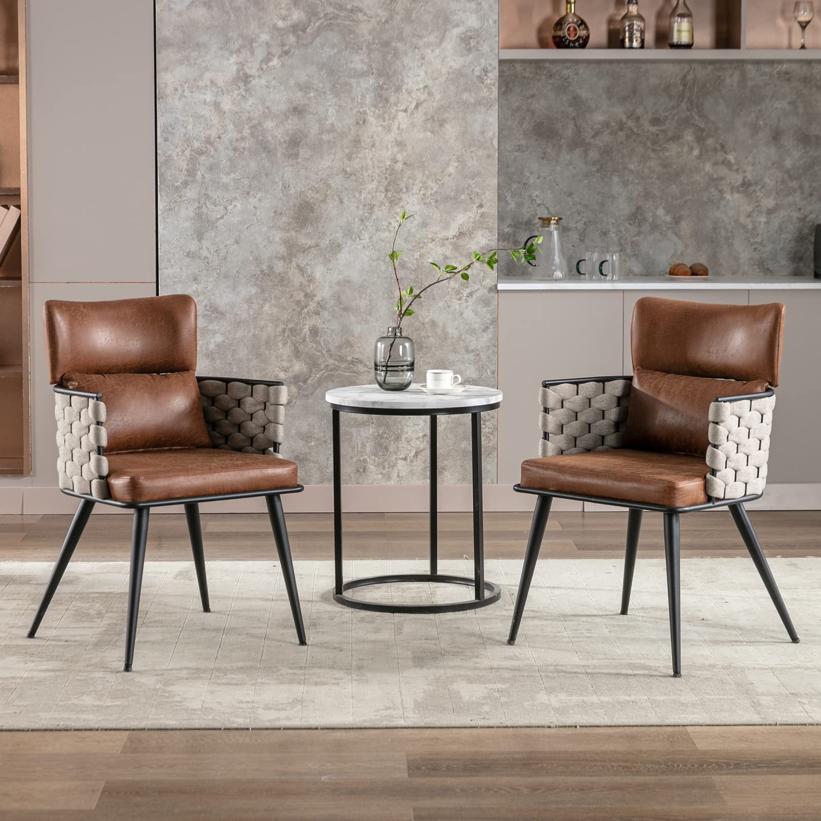 BFZ Dining Chairs Set of 2, Mid-Century Modern Dining Chairs with Metal Legs, Faux Leather Woven Dining Chairs for Dining Room, Kitchen, Living Room