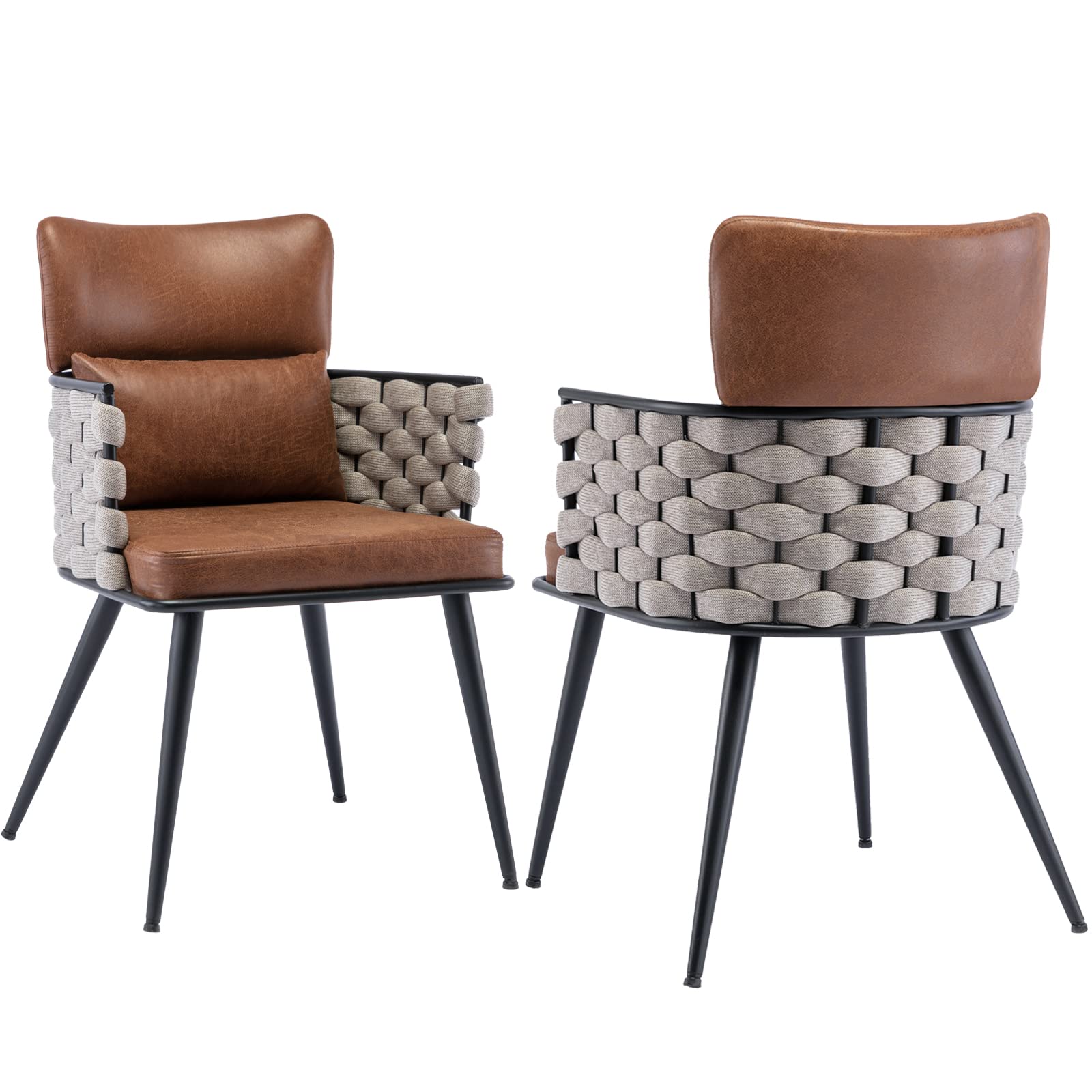 BFZ Dining Chairs Set of 2, Mid-Century Modern Dining Chairs with Metal Legs, Faux Leather Woven Dining Chairs for Dining Room, Kitchen, Living Room