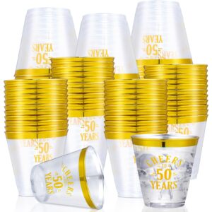 Roshtia 100 Pcs Cheers to 50 Years Clear Plastic Cups 9 oz Plastic Cups Clear Disposable Cups 50th Birthday Cups for Wine Cocktail Party Favors Wedding Anniversary Supplies (Gold, 50th Birthday)