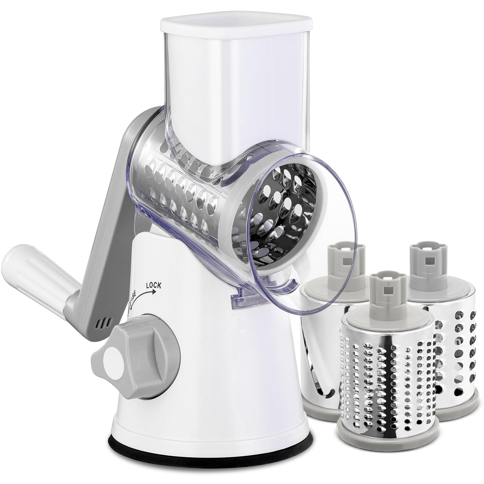 LucGee Rotary Cheese Grater with Handle - 3 in 1 Cheese Shredder Rotary Grater Stainless Steel Handheld, Vegetable Slicer for Fruit, Cheese, Nuts(White)