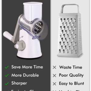 LucGee Rotary Cheese Grater with Handle - 3 in 1 Cheese Shredder Rotary Grater Stainless Steel Handheld, Vegetable Slicer for Fruit, Cheese, Nuts(White)