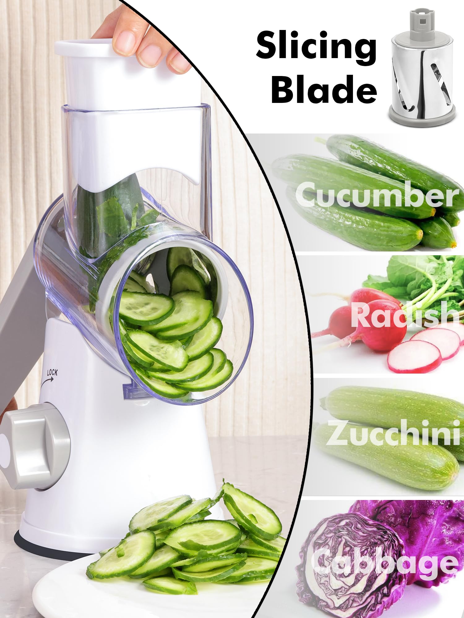 LucGee Rotary Cheese Grater with Handle - 3 in 1 Cheese Shredder Rotary Grater Stainless Steel Handheld, Vegetable Slicer for Fruit, Cheese, Nuts(White)