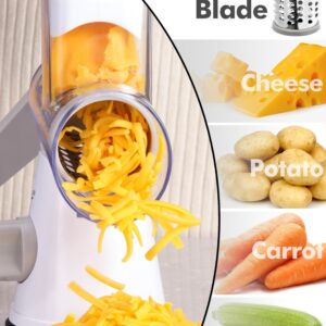 LucGee Rotary Cheese Grater with Handle - 3 in 1 Cheese Shredder Rotary Grater Stainless Steel Handheld, Vegetable Slicer for Fruit, Cheese, Nuts(White)