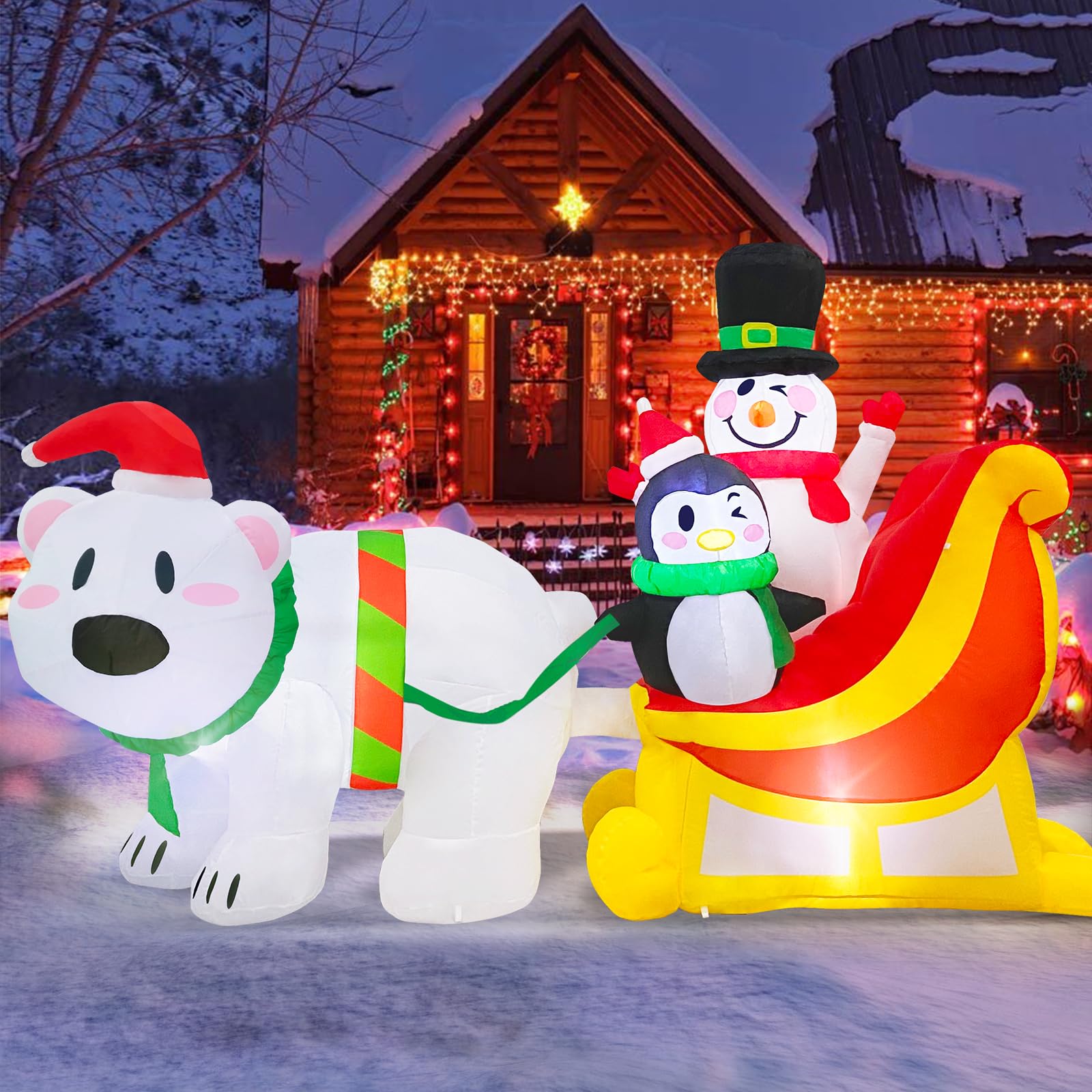 MICOCAH 7 FT Long Christmas Inflatables Snowman & Penguin on Sleigh with Polar Bear Inflatable Outdoor Christmas Decorations, Built-in LED Light Blow Ups for Yard Xmas Party Holiday Indoor Lawn Garden