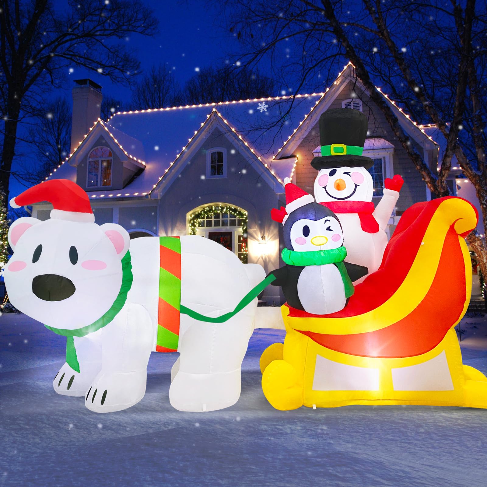 MICOCAH 7 FT Long Christmas Inflatables Snowman & Penguin on Sleigh with Polar Bear Inflatable Outdoor Christmas Decorations, Built-in LED Light Blow Ups for Yard Xmas Party Holiday Indoor Lawn Garden