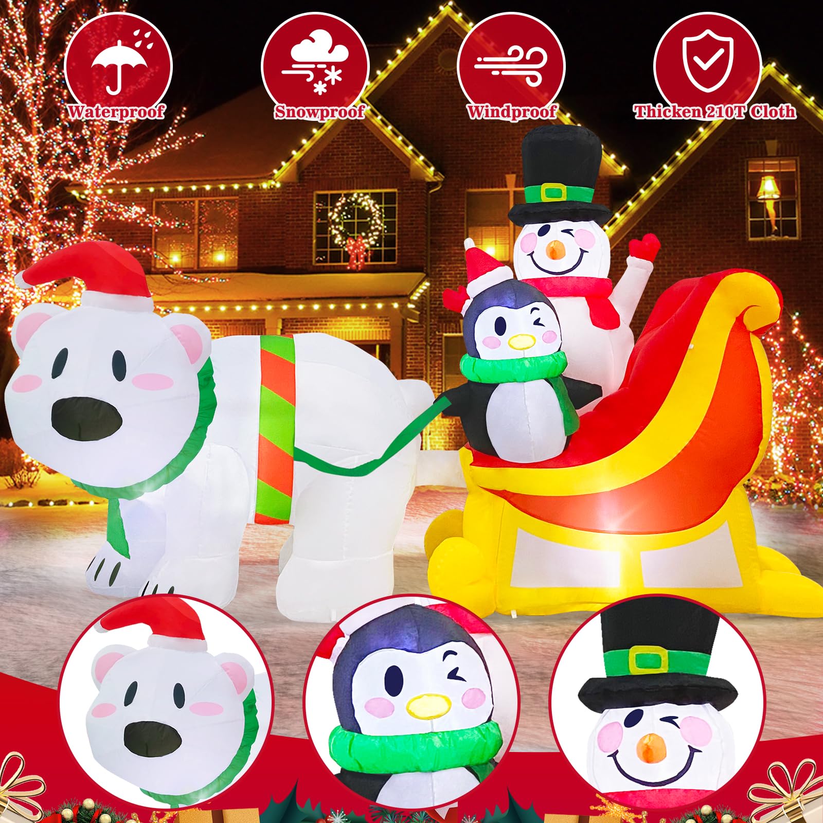 MICOCAH 7 FT Long Christmas Inflatables Snowman & Penguin on Sleigh with Polar Bear Inflatable Outdoor Christmas Decorations, Built-in LED Light Blow Ups for Yard Xmas Party Holiday Indoor Lawn Garden