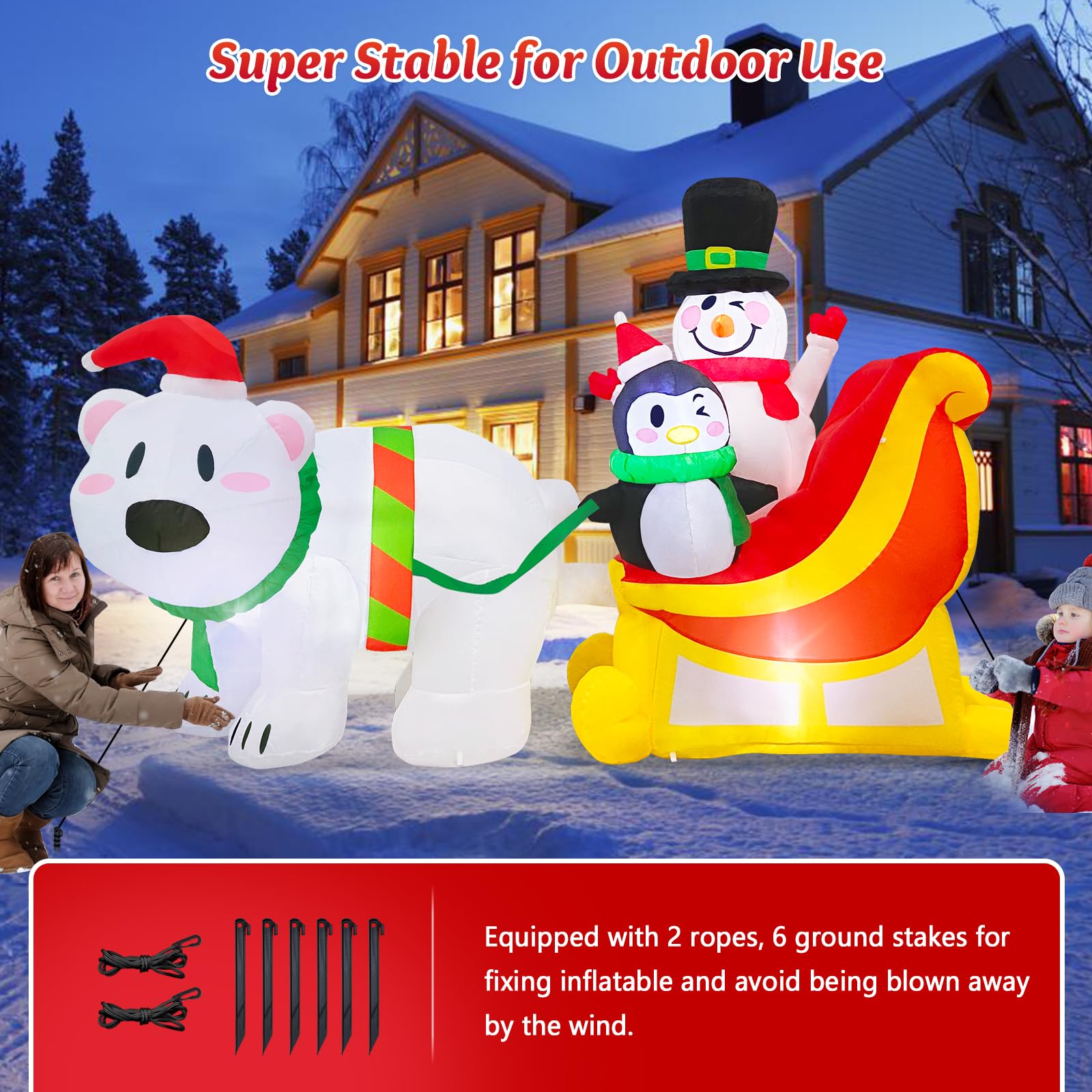 MICOCAH 7 FT Long Christmas Inflatables Snowman & Penguin on Sleigh with Polar Bear Inflatable Outdoor Christmas Decorations, Built-in LED Light Blow Ups for Yard Xmas Party Holiday Indoor Lawn Garden