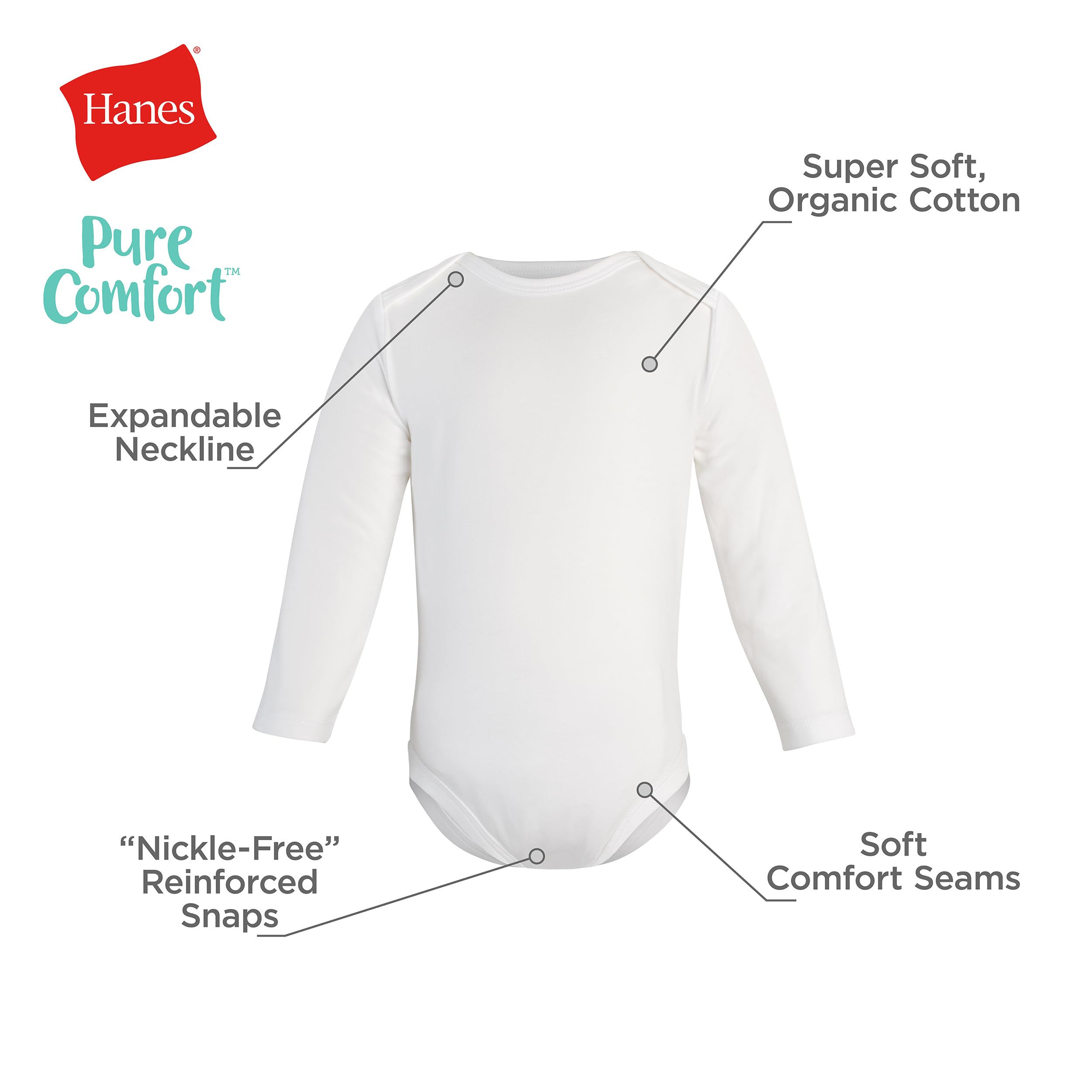 Hanes Unisex Baby Pure Comfort Long Sleeve Bodysuits, Infant Bodysuits, Boys & Girls, 3-Pack