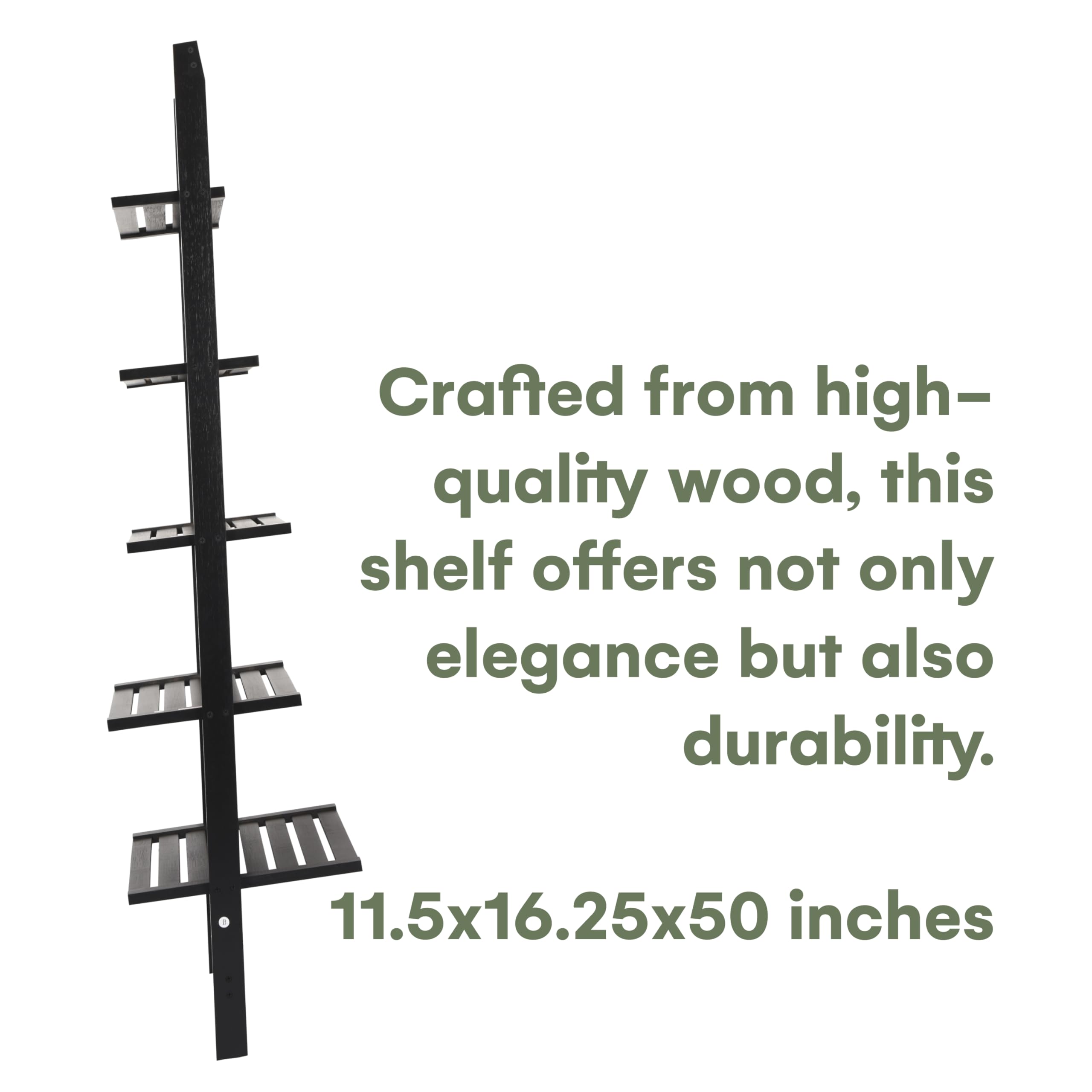 Hallops 5 Tier Black Ladder Shelf - Leaning Wooden Bookshelf for Office, Bathroom, and Home Décor - Tall Standing Wall Bookcase - Display Books, Décor, and More with Style - 11.5''D x16.25''W x50''H