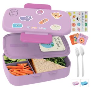kids bento lunch box for boys and girls with cutlery set, sticker sheets (5+ years) - 880 ml leakproof 3 compartment lunch box for kids, portion control bento box kids with free parent cards - lilac