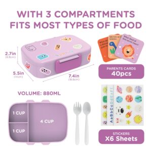 Kids Bento Lunch Box For Boys and Girls With Cutlery Set, Sticker Sheets (5+ Years) - 880 ML Leakproof 3 Compartment Lunch Box for kids, Portion Control Bento Box Kids with Free Parent Cards - Lilac