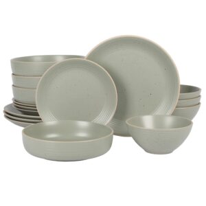 gibson home dinah double bowl stoneware embossed speckled dinnerware set - sage green, service for four (16pcs)