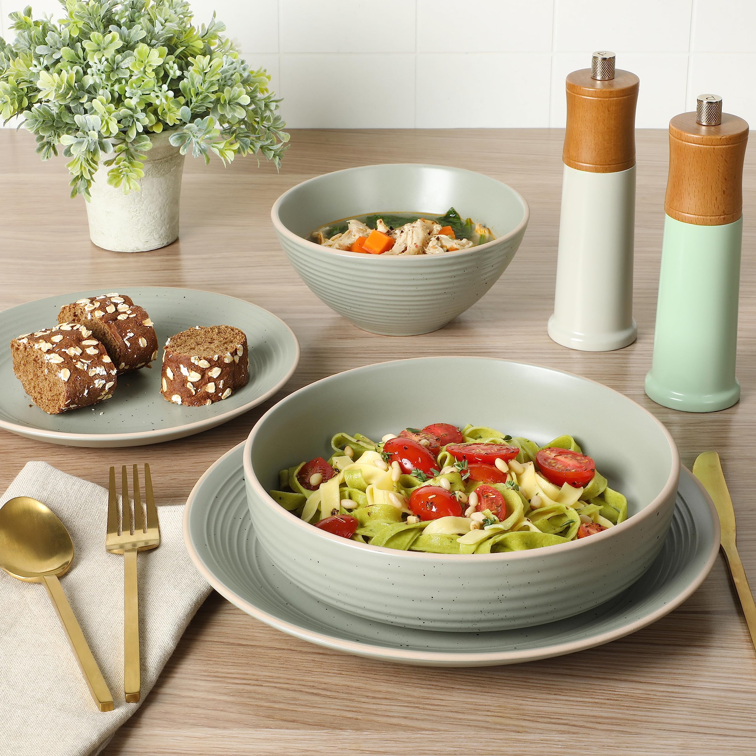 Gibson Home Dinah Double Bowl Stoneware Embossed Speckled Dinnerware Set - Sage Green, Service for Four (16pcs)