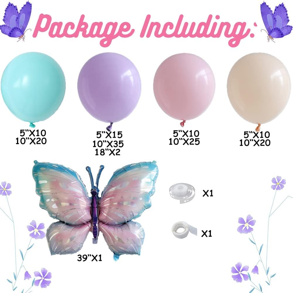 Butterfly Balloon Garland Arch Kit 148pcs Pastel Pink and Purple Balloons with Fairy Wings Butterfly Foil Balloon for Butterfly Wedding Bridal Shower Birthday Decorations