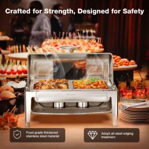 Warmounts 9QT Roll Top Chafing Dish Buffet Set, Rectangular Chafing Dishes for Buffet with Visible Lid, Serving Utensils, Stainless Steel Chafers for Catering for Parties, Events (2 Half-Size)