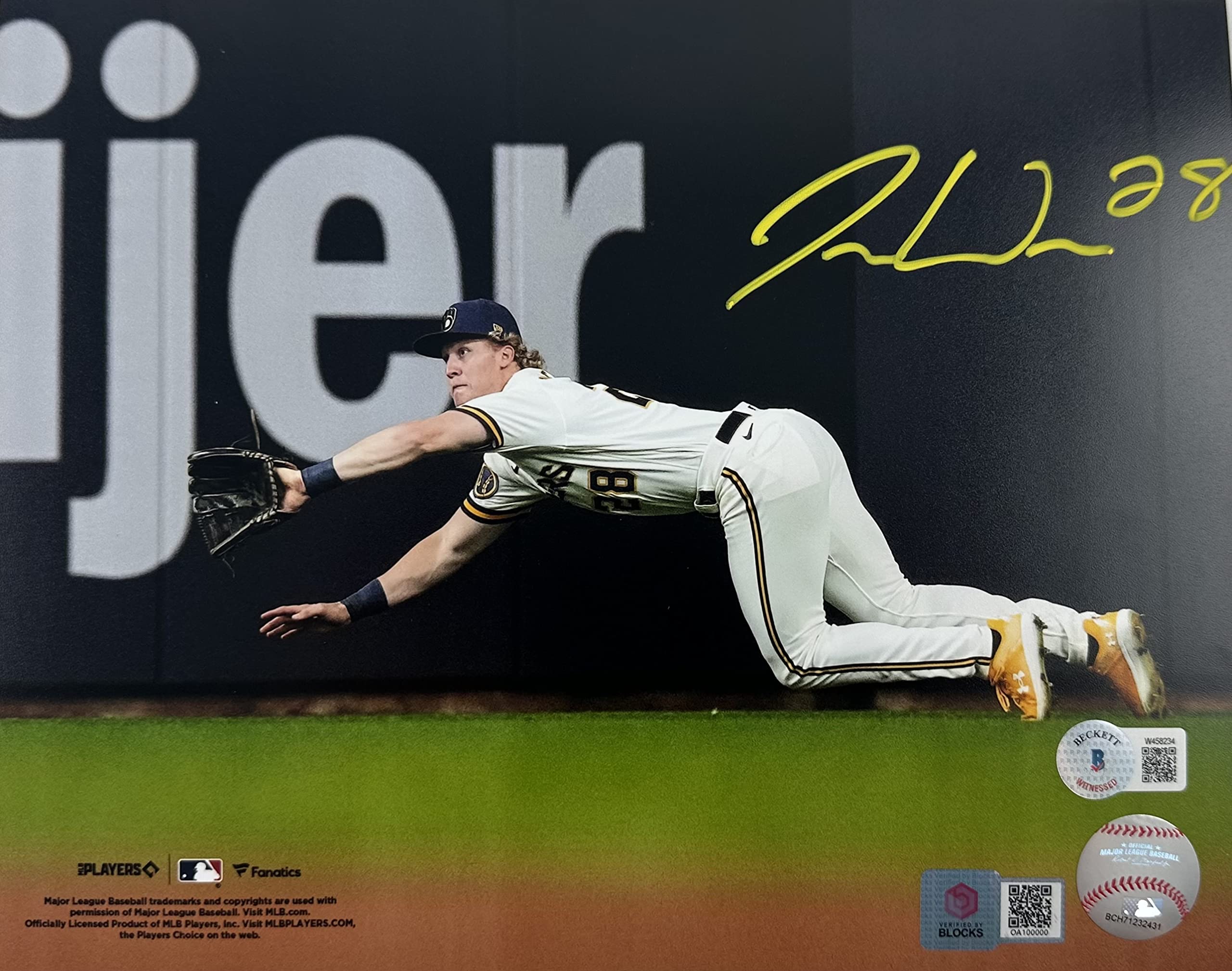 Joey Wiemer Milwaukee Rookie Signed Autographed 8x10 Fielding Photo Beckett COA, Verified by BLOCKS