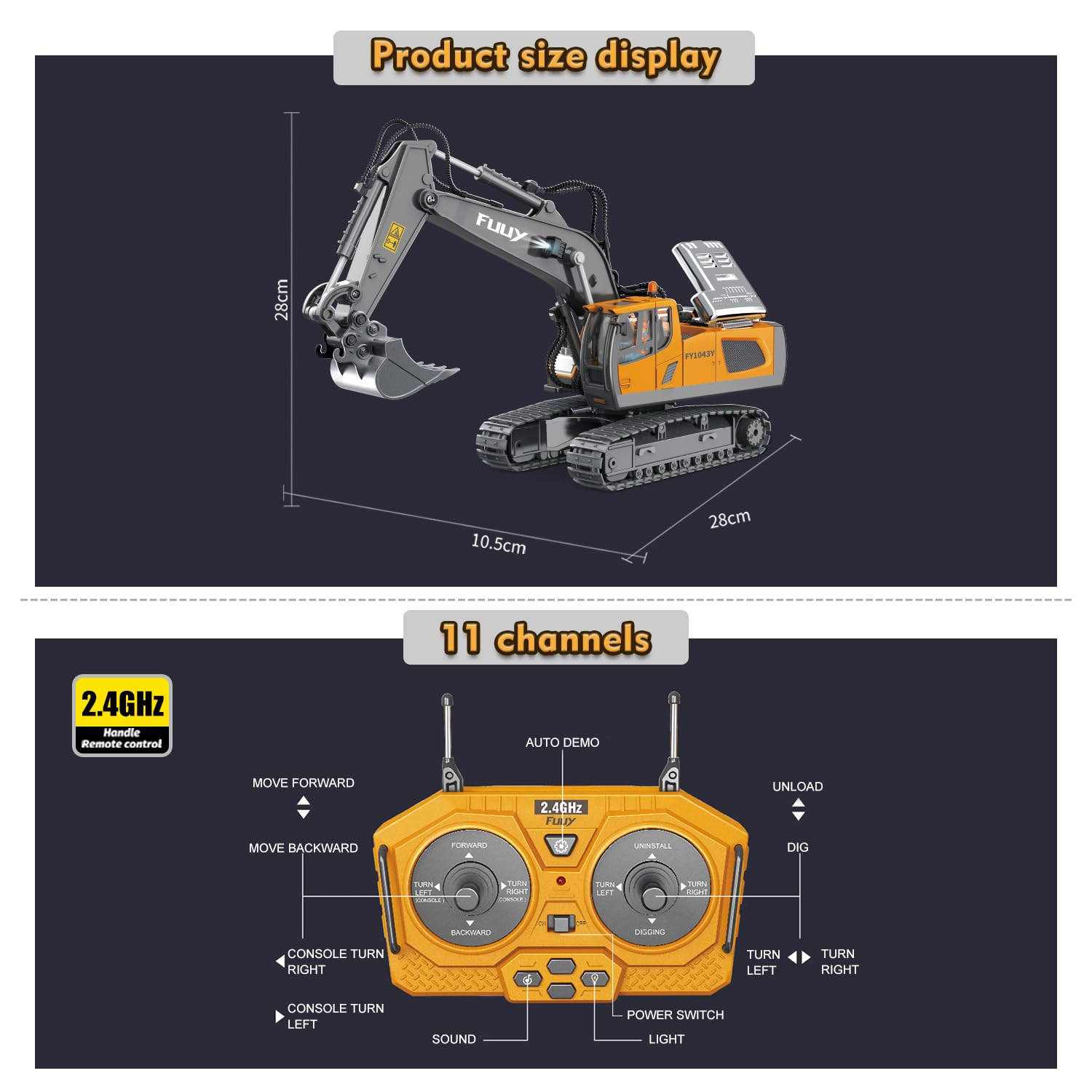 FUUY RC Excavator Toy Boys Toys age 4-6, Remote Control Excavator Toys for Boys 3-5 Year Old RC Construction Vehicles Toys for Adults & Kids Age 4-7 Boy Outdoor Chrismas Birthday Gifts