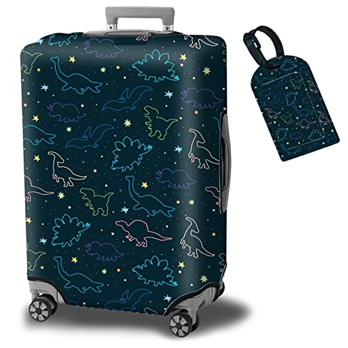 Luggage Cover Suitcase Protector Plus 1 Luggage Tag, Dinosaurs Space Travel Suitcase Cover Suitable for 22-24 inch Luggage (M) with Concealed Zipper Washable Elastic Cloth Dustproof Anti-Scratch