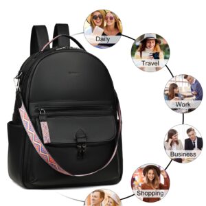 FADEON Leather Laptop Backpack for Women PU Computer Backpacks, Designer Travel Back Pack Purse with Laptop Compartment Black